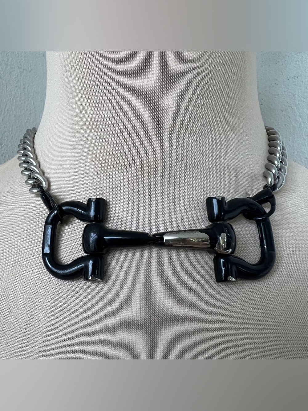 Custom Vintage Ferragamo x Junk You! Rescued Silver Black Choker Necklace 16-20”
